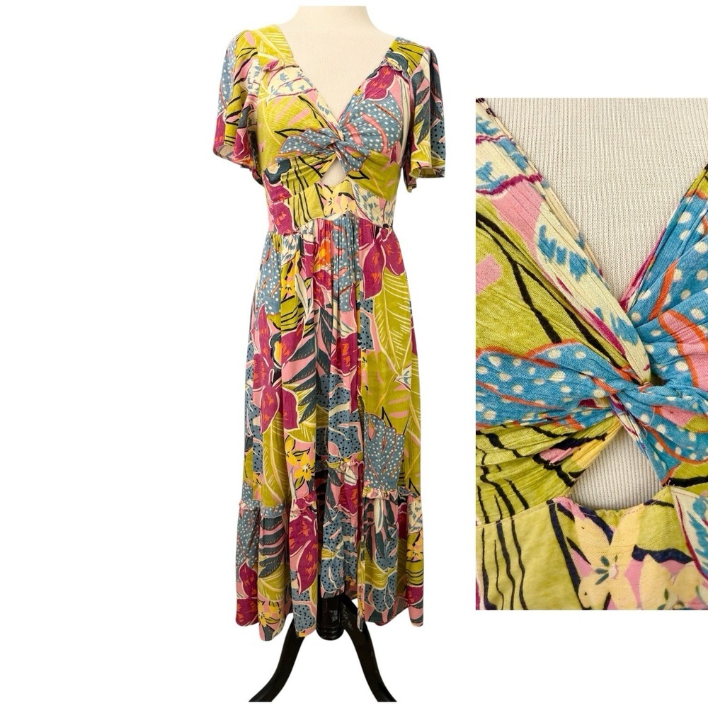 ANGIE Vintage Floral Gauze Babydoll DRESS Small Y2K Midi Tropical Beach Boho